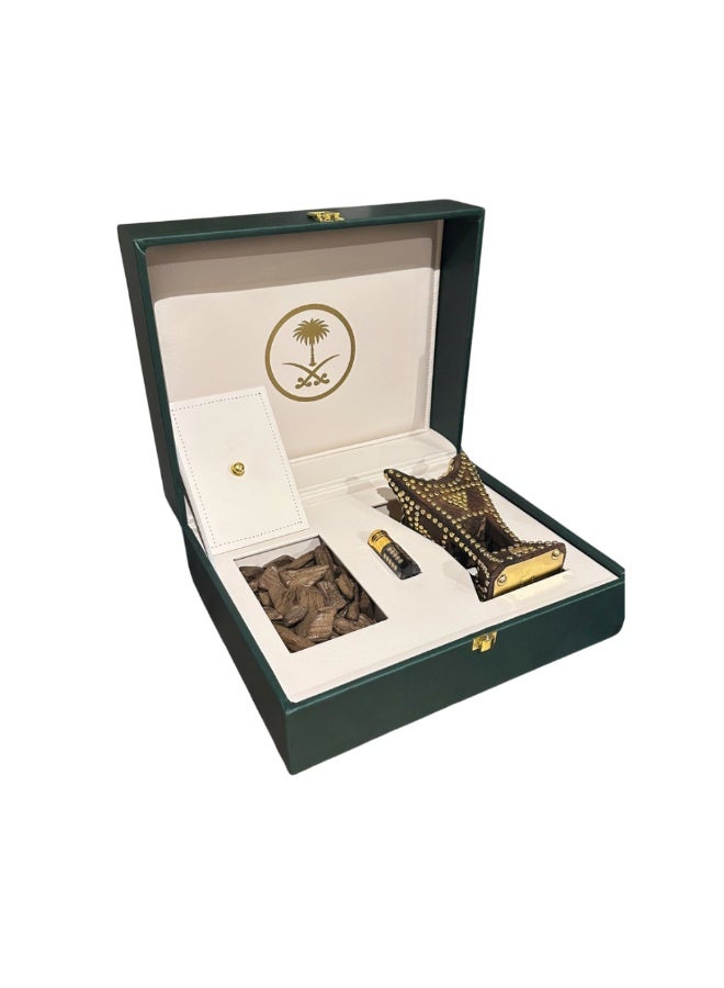 HASD-OUD Royal Luxury Box (Two Swords & Palm Tree Gift Box + Eighth of a Kilo Marooki Oud + Haili Incense Burner + Luxury Oud Oil + Gift Bag) - Image 1